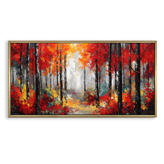 Vibrant Autumn Forest with Bold Brushstrokes Wall Art, HD Canvas Print, Golden Floater Framed, Ready to Hang, (24 In x 48 In) (VNG-WA-13-B)