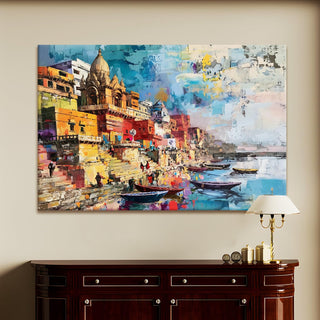 Ethnic Traditional Indian Varanasi Ganga Ghat Banaras Wall Art Canvas Painting For Home Decor - Khirki.in 