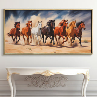 Seven Running Horses Wall Painting – Symbol of Prosperity, Success & Positive Energy | Premium Vastu Artwork for Home & Office Decor | Luxury Golden Floating  Frame HD Canvas Print ( 24 Inch x 48 Inch ) (VAWA60)