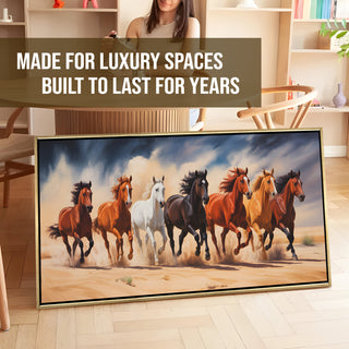 Seven Running Horses Wall Painting – Symbol of Prosperity, Success & Positive Energy | Premium Vastu Artwork for Home & Office Decor | Luxury Golden Floating  Frame HD Canvas Print ( 24 Inch x 48 Inch ) (VAWA60)