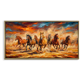 Seven Running Horses Wall Painting – Symbol of Prosperity, Success & Positive Energy | Premium Vastu Artwork for Home & Office Decor | Luxury Golden Floating  Frame HD Canvas Print ( 24 Inch x 48 Inch ) (VAWA61)