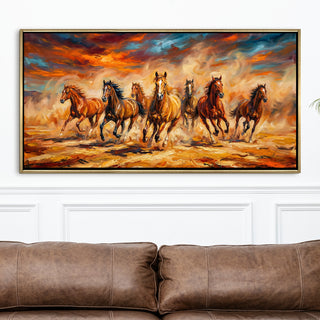 Seven Running Horses Wall Painting – Symbol of Prosperity, Success & Positive Energy | Premium Vastu Artwork for Home & Office Decor | Luxury Golden Floating  Frame HD Canvas Print ( 24 Inch x 48 Inch ) (VAWA61)