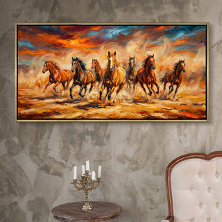 Seven Running Horses Wall Painting – Symbol of Prosperity, Success & Positive Energy | Premium Vastu Artwork for Home & Office Decor | Luxury Golden Floating  Frame HD Canvas Print ( 24 Inch x 48 Inch ) (VAWA61)