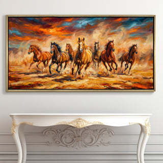 Seven Running Horses Wall Painting – Symbol of Prosperity, Success & Positive Energy | Premium Vastu Artwork for Home & Office Decor | Luxury Golden Floating  Frame HD Canvas Print ( 24 Inch x 48 Inch ) (VAWA61)