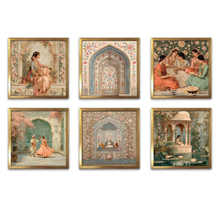 Ethnic Wall Art Set of 6 | HD Canvas Print | Ready to Hang | Golden Box Frame Panels for Home & Office Décor | Each Frame Size: 14X14 INCH (ETHF07)