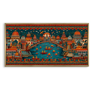 Banaras Ghats Painting Wall Art – Varanasi Riverfront with Golden Floater Frame – HD Print Large Canvas, Ready to Hang, Size: 2X4FT, (BAWA32).