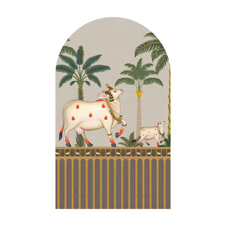 Pichwai Cow Temple Background Arch Wall Mural – Peel & Stick Cow Wallpaper – Waterproof Self Adhesive Vinyl Sticker for Living Room, Entryway – Size: 5ft x 3ft (PDAWALL09)