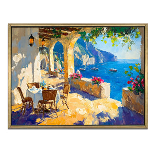 Seaside café on the cliffs of Amalfi Coast Wall Art, HD Canvas Print, Golden Floater Framed, Ready to Hang, (36 In x 48 In) (CAFE-WA-14)