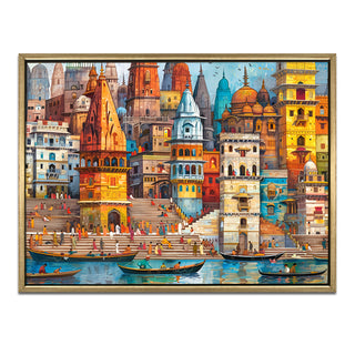 Banaras Ghats Painting Wall Art – Varanasi Riverfront with Golden Floater Frame – HD Print Large Canvas, Ready to Hang, Size: 3X4FT, (BAWA11).