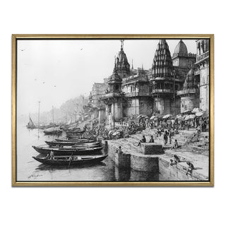 Banaras Ghats Painting Wall Art – Varanasi Riverfront with Golden Floater Frame – HD Print Large Canvas, Ready to Hang, Size: 3X4FT, (BAWA18).