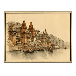 Banaras Ghats Painting Wall Art – Varanasi Riverfront with Golden Floater Frame – HD Print Large Canvas, Ready to Hang, Size: 3X4FT, (BAWA21).