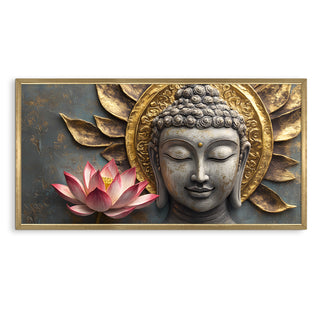 Divine Buddha & Lotus Blossom Wall Art, HD Canvas Print, Golden Box Framed, Ready to Hang, (24 In x 48 In) (BUDDHA-WA-10)