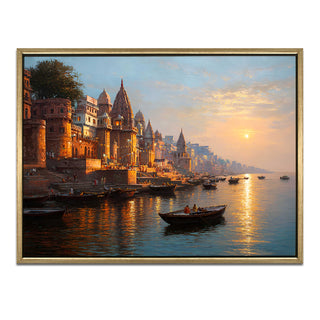 Banaras Ghats Painting Wall Art – Varanasi Riverfront with Golden Floater Frame – HD Print Large Canvas, Ready to Hang, Size: 3X4FT, (BAWA19).