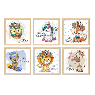 Kids Wall Art Set of 6 | HD Canvas Print | Ready to Hang | Natural Wood Panels for Nursery & Kids Room Decor | Each Frame Size: 10X10 INCH (KIDSET01)