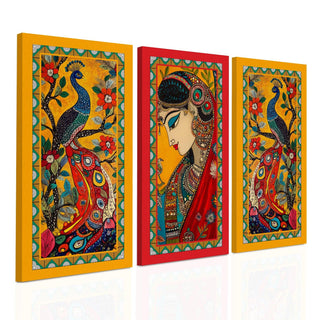 Madhubani paintings for living room. Set of 3 canvas wrapped framed madhubani art for wall decor. 12 x 24 inch x 3 frames (MDBWA001)