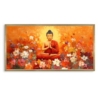 Meditating Buddha in Floral Bliss Wall Art, HD Canvas Print, Golden Box Framed, Ready to Hang, (24 In x 48 In) (BUDDHA-WA-11)