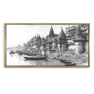 Banaras Ghats Painting Wall Art – Varanasi Riverfront with Golden Floater Frame – HD Print Large Canvas, Ready to Hang, Size: 2X4FT, (BAWA34).