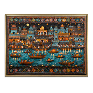 Banaras Ghats Painting Wall Art – Varanasi Riverfront with Golden Floater Frame – HD Print Large Canvas, Ready to Hang, Size: 3X4FT, (BAWA08).