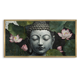 Buddha with Lotus Leaves Wall Art, HD Canvas Print, Golden Box Framed, Ready to Hang, (24 In x 48 In) (BUDDHA-WA-12)
