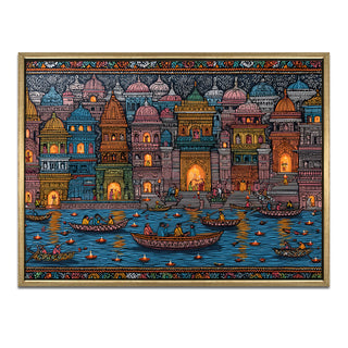 Banaras Ghats Painting Wall Art – Varanasi Riverfront with Golden Floater Frame – HD Print Large Canvas, Ready to Hang, Size: 3X4FT, (BAWA14).