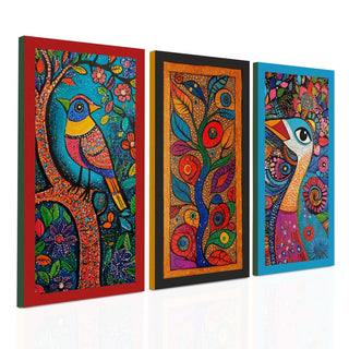 Madhubani paintings for living room. Set of 3 canvas wrapped framed madhubani art for wall decor. 12 x 24 inch x 3 frames (MDBWA005)