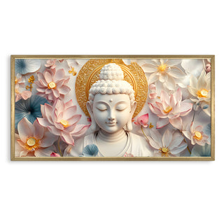 Divine Buddha with Lotus Wall Art, HD Canvas Print, Golden Box Framed, Ready to Hang, (24 In x 48 In) (BUDDHA-WA-18)