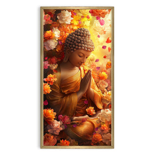 Golden Aura Buddha Portrait with Blossoms Wall Art, HD Canvas Print, Golden Box Framed, Ready to Hang, (48 In x 24 In) (BUDDHA-WA-39)