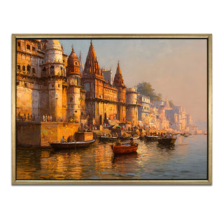 Banaras Ghats Painting Wall Art – Varanasi Riverfront with Golden Floater Frame – HD Print Large Canvas, Ready to Hang, Size: 3X4FT, (BAWA16).