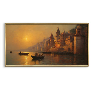 Banaras Ghats Painting Wall Art – Varanasi Riverfront with Golden Floater Frame – HD Print Large Canvas, Ready to Hang, Size: 2X4FT, (BAWA45).