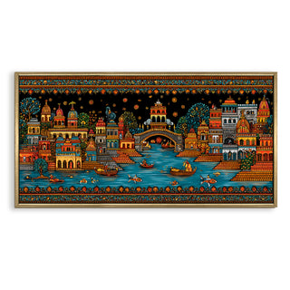Banaras Ghats Painting Wall Art – Varanasi Riverfront with Golden Floater Frame – HD Print Large Canvas, Ready to Hang, Size: 2X4FT, (BAWA36).