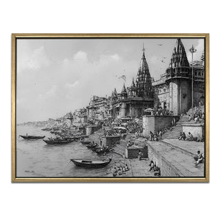 Banaras Ghats Painting Wall Art – Varanasi Riverfront with Golden Floater Frame – HD Print Large Canvas, Ready to Hang, Size: 3X4FT, (BAWA22).