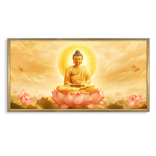 Meditating Buddha with Golden Aura Wall Art, HD Canvas Print, Golden Box Framed, Ready to Hang, (24 In x 48 In) (BUDDHA-WA-03)
