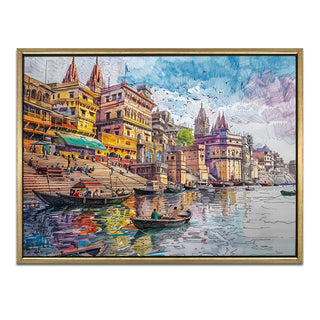 Banaras Ghats Painting Wall Art – Varanasi Riverfront with Golden Floater Frame – HD Print Large Canvas, Ready to Hang, Size: 3X4FT, (BAWA20).