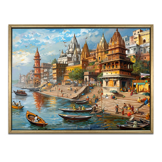 Banaras Ghats Painting Wall Art – Varanasi Riverfront with Golden Floater Frame – HD Print Large Canvas, Ready to Hang, Size: 3X4FT, (BAWA24).