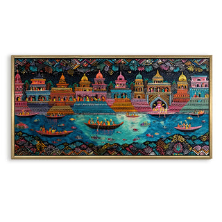 Banaras Ghats Painting Wall Art – Varanasi Riverfront with Golden Floater Frame – HD Print Large Canvas, Ready to Hang, Size: 2X4FT, (BAWA40).