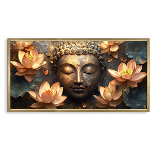 Golden Buddha with Lotus Wall Art, HD Canvas Print, Golden Box Framed, Ready to Hang, (24 In x 48 In) (BUDDHA-WA-20)