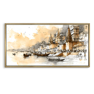 Banaras Ghats Painting Wall Art – Varanasi Riverfront with Golden Floater Frame – HD Print Large Canvas, Ready to Hang, Size: 2X4FT, (BAWA41).