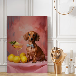 Pooch with Bow & Golden Citrus Elixir Wall Art Painting, HD Canvas Print, Framed, Ready to Hang. (POMA20)