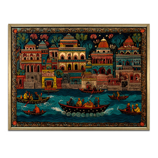 Banaras Ghats Painting Wall Art – Varanasi Riverfront with Golden Floater Frame – HD Print Large Canvas, Ready to Hang, Size: 3X4FT, (BAWA17).