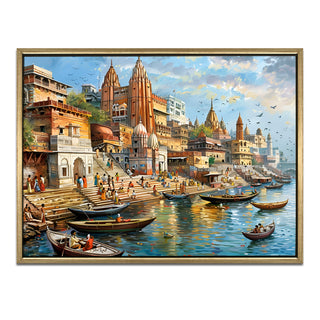 Banaras Ghats Painting Wall Art – Varanasi Riverfront with Golden Floater Frame – HD Print Large Canvas, Ready to Hang, Size: 3X4FT, (BAWA26).