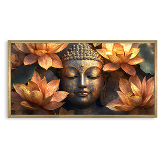 Golden Buddha with Lotus Wall Art, HD Canvas Print, Golden Box Framed, Ready to Hang, (24 In x 48 In) (BUDDHA-WA-17)