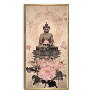 Tranquil Buddha with Pink Lotus Portrait Wall Art, HD Canvas Print, Golden Box Framed, Ready to Hang, (48 In x 24 In) (BUDDHA-WA-35)