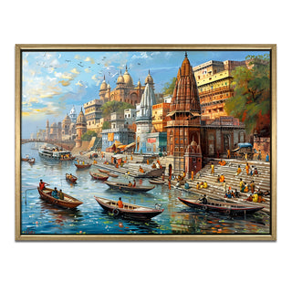 Banaras Ghats Painting Wall Art – Varanasi Riverfront with Golden Floater Frame – HD Print Large Canvas, Ready to Hang, Size: 3X4FT, (BAWA29).