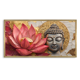 Buddha with Red Lotus Wall Art, HD Canvas Print, Golden Box Framed, Ready to Hang, (24 In x 48 In) (BUDDHA-WA-09)