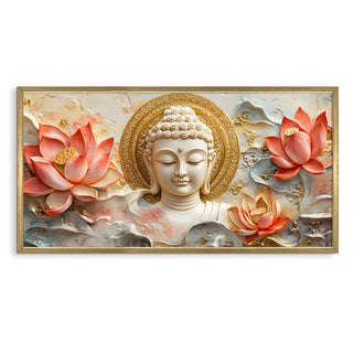 Serene Buddha & Red Lotus Wall Art, HD Canvas Print, Golden Box Framed, Ready to Hang, (24 In x 48 In) (BUDDHA-WA-25)