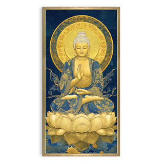 Golden Buddha Portrait with Lotus Throne Wall Art, HD Canvas Print, Golden Box Framed, Ready to Hang, (48 In x 24 In) (BUDDHA-WA-45)