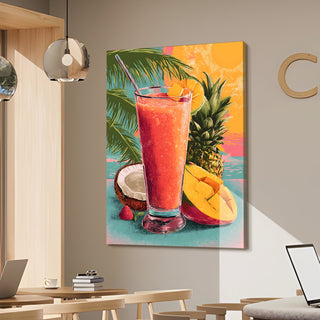 Tropical Fruit Smoothie – Colorful Juice Bar or Kitchen Wall Art, HD Canvas Print, Framed, Ready to Hang. (KITWA027)