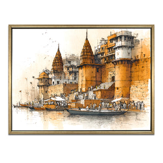 Banaras Ghats Painting Wall Art – Varanasi Riverfront with Golden Floater Frame – HD Print Large Canvas, Ready to Hang, Size: 3X4FT, (BAWA05).
