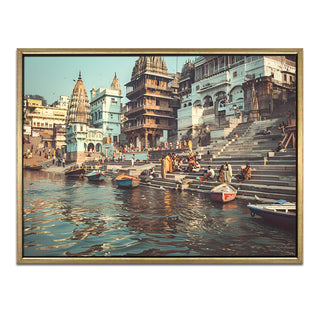 Banaras Ghats Painting Wall Art – Varanasi Riverfront with Golden Floater Frame – HD Print Large Canvas, Ready to Hang, Size: 3X4FT, (BAWA25).