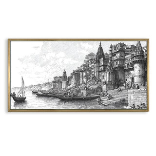 Banaras Ghats Painting Wall Art – Varanasi Riverfront with Golden Floater Frame – HD Print Large Canvas, Ready to Hang, Size: 2X4FT, (BAWA42).
